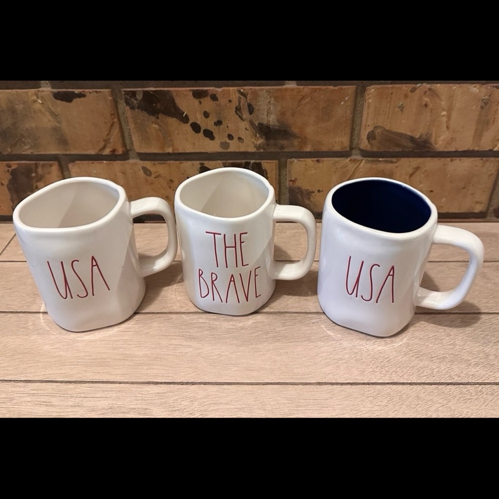 Rae Dunn White Mugs with Red Text and Blue Interior